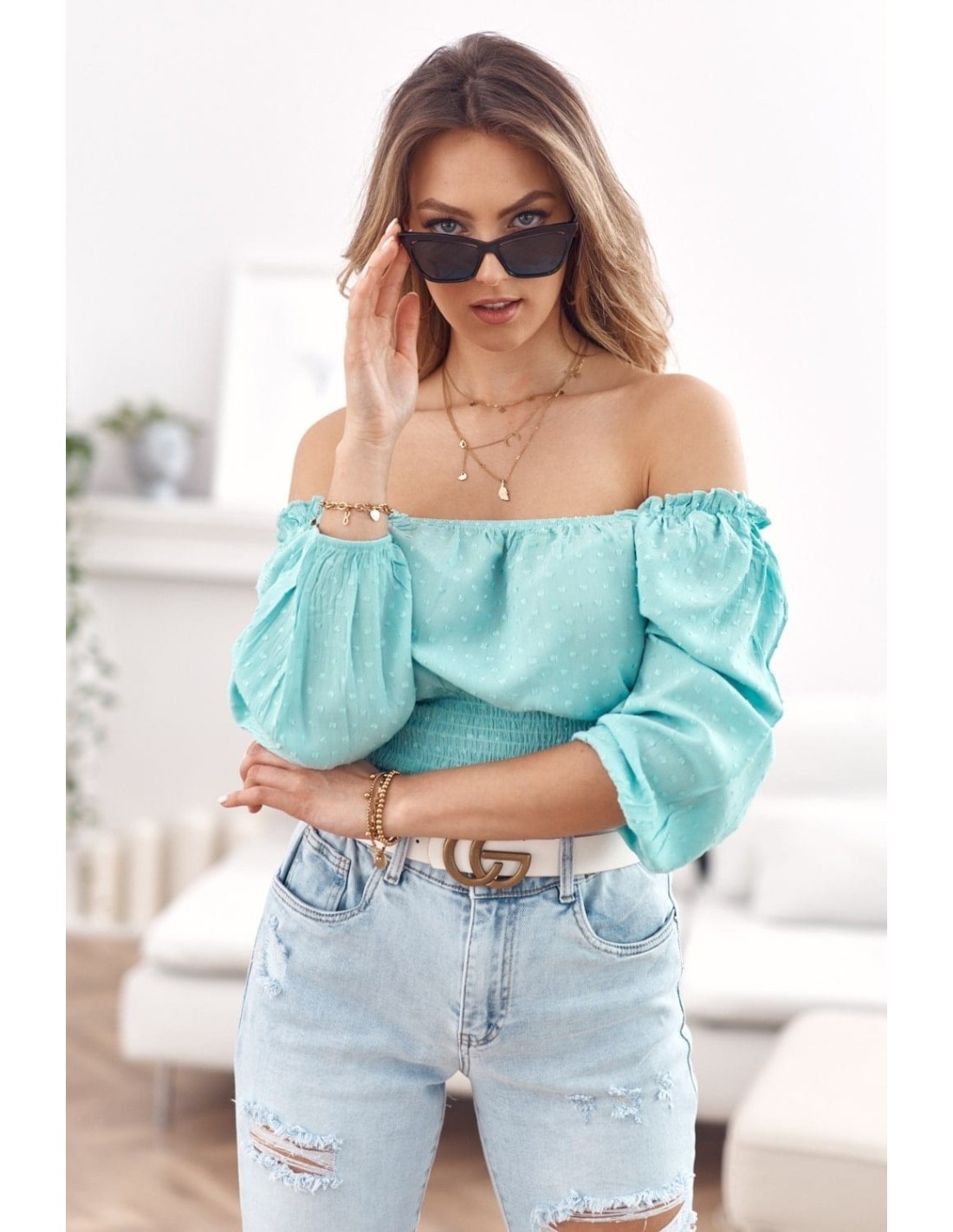 Kurze Bluse mit Rüschen unten, Mint MP29390 – Online-Shop – Boutique